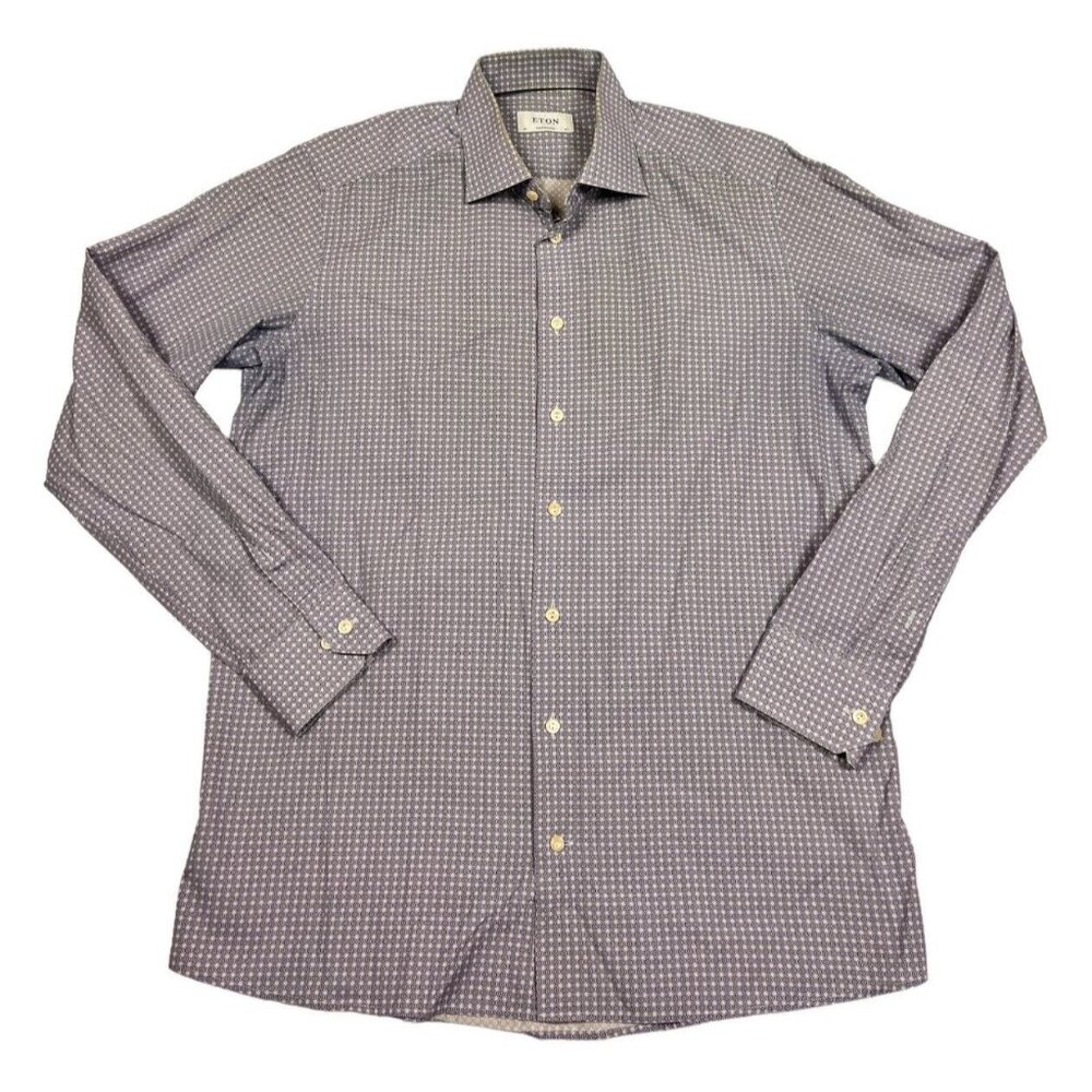 ETON Contemporary Fit Shirt  White Blue Polka Dot Check Cotton Mens 16.5 Nice